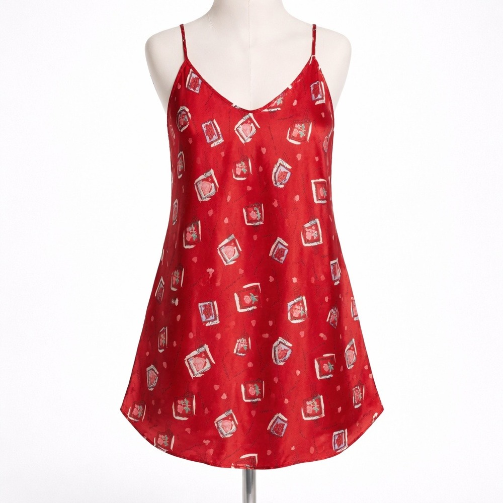 Vintage Y2K Floral Mail Satin Mini Slip Dress Sz M Red Romantic Lingerie Chemise